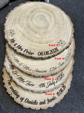 Load image into Gallery viewer, Personalized Wood Slice Cake Stand, Engraved Rustic Wedding Display stand, Personalised Engraved log Slice, Engagement Dessert Display Board
