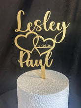 Load image into Gallery viewer, Personalized Wedding Cake Topper with date , Couples names Cake Toppers for Wedding, Rustic Wedding Cake Topper, Custom Wedding Cake Topper