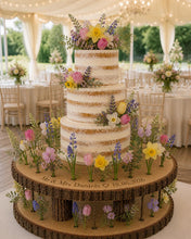 Load image into Gallery viewer, Personalised log slice, Rustic Floral Halo Wood Cake Stand – Wedding Display tree Slice Floral Cake Display Wedding Cake Stand