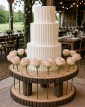 Load image into Gallery viewer, Personalised log slice, Rustic Floral Halo Wood Cake Stand – Wedding Display tree Slice Floral Cake Display Wedding Cake Stand