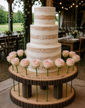 Load image into Gallery viewer, Personalised log slice, Rustic Floral Halo Wood Cake Stand – Wedding Display tree Slice Floral Cake Display Wedding Cake Stand