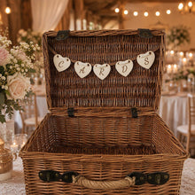 Load image into Gallery viewer, Wooden Wedding Sign Bunting Rustic Heart Garland, Top table, Cards, Dessert cart OR Any personalisation