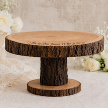 Load image into Gallery viewer, Personalized Wood Slice Cake Stand, Engraved Rustic Wedding Display stand, Personalised Engraved log Slice, Engagement Pedestal cake stand
