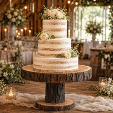 Load image into Gallery viewer, Rustic wooden cake stand with natural bark edge, round top and base, central bark-effect support pillar and personalised custom wedding engraving. Pedestal tree log cake stand , laser engraved with couples names and wedding date