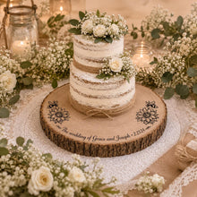 Load image into Gallery viewer, Personalized Wood Slice Cake Stand, Engraved Rustic Wedding stand, Personalised log Engagment Display Board with Sunflowers & Bees