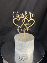 Load image into Gallery viewer, Personalized Wedding Cake Topper with date , Couples names Cake Toppers for Wedding, Rustic Wedding Cake Topper, Custom Wedding Cake Topper