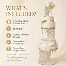 Load image into Gallery viewer, Crystal Chandelier Wedding Cake Stand LED Illuminated Cake Centrepiece Tall Luxury Floating Cake Display Illusion 3 tier set