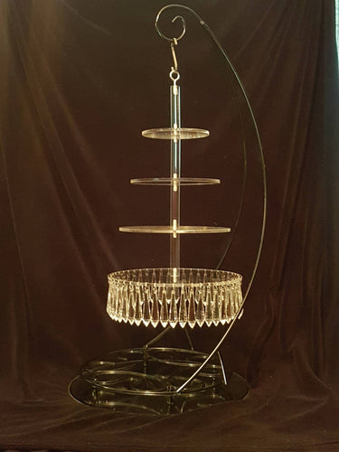 Black metal cake hanger stand and suspended crystal droplet cake plate kit