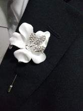 Load image into Gallery viewer, White flower wrist corsage and Boutonniere set wedding or Prom corsage. flower lily , Wedding Buttonhole Boutonnière by Crystal wedding uk

