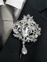 Load image into Gallery viewer, 10PCS Coutonniere, buttonhole. Ladies dress corsage, Groom,usher Silver brooch rhinestone drop, Wedding Buttonhole Pin by Crystal wedding uk
