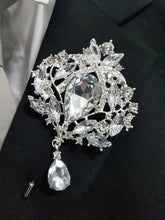 Load image into Gallery viewer, 10PCS Coutonniere, buttonhole. Ladies dress corsage, Groom,usher Silver brooch rhinestone drop, Wedding Buttonhole Pin by Crystal wedding uk
