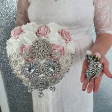 Load image into Gallery viewer, Heart shape brooch bouquet plus groom buttonhole artificial ,wedding flowers by Crystal wedding uk
