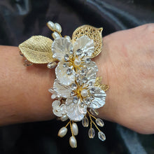 Load image into Gallery viewer, Handmade Crystal Flower Wedding Bracelet, Vintage Bridal Cuff
