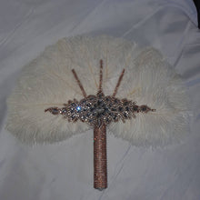 Load image into Gallery viewer, White feather fan , rose gold bouquet, Great Gatsby wedding style 1920&#39;s - any colour as custom made by Crystal wedding uk
