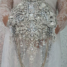 Load image into Gallery viewer, Crystal Brooch Wedding Bouquet: Silver jewel bridal Cascade Design
