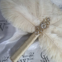 Load image into Gallery viewer, Brides lvory Feather 12in Fan, personalised brooch bouquet, Alternative Bouquet artificial by Crystal wedding uk

