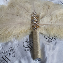 Load image into Gallery viewer, Brides lvory Feather 12in Fan, personalised brooch bouquet, Alternative Bouquet artificial by Crystal wedding uk
