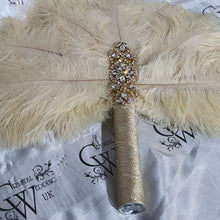 Load image into Gallery viewer, Ivory Feather Bridal Fan: Personalized Rhinestone Brooch Bouquet
