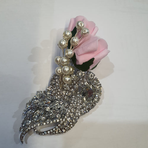Crystal brooch buttonhole with Pearls & pink Foam roses by Crystal wedding uk
