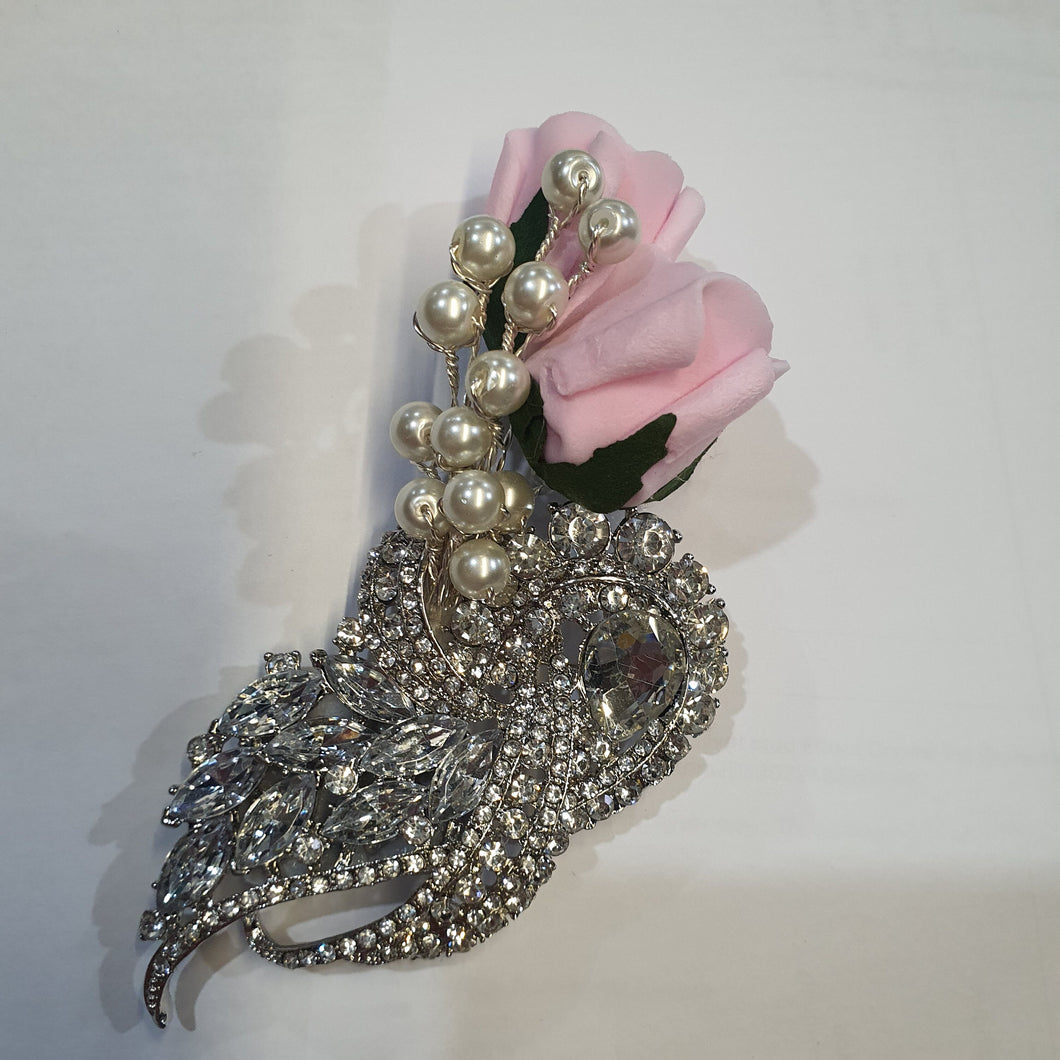 Crystal brooch buttonhole with Pearls & pink Foam roses by Crystal wedding uk