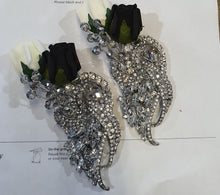 Load image into Gallery viewer, Crystal brooch buttonhole with ivory and black foam roses by Crystal wedding uk
