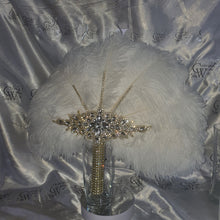 Load image into Gallery viewer, Feather fan in natural white and gold , Ostrich feather wedding fan custom made by Crystal wedding uk
