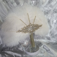 Load image into Gallery viewer, Feather fan in natural white and gold , Ostrich feather wedding fan custom made by Crystal wedding uk
