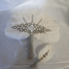 Load image into Gallery viewer, Wedding feather fan &amp; buttonhole set, brides 16" ostrich fan, wedding hand fan any colour as custom made
