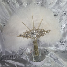 Load image into Gallery viewer, Feather fan in natural white and gold , Ostrich feather wedding fan custom made by Crystal wedding uk
