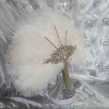 Load image into Gallery viewer, Feather fan in natural white and gold , Ostrich feather wedding fan custom made by Crystal wedding uk
