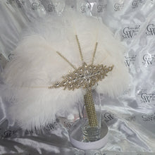Load image into Gallery viewer, Feather fan in natural white and gold , Ostrich feather wedding fan custom made by Crystal wedding uk
