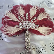 Load image into Gallery viewer, 16&quot; Feather Bridal brooch Bouquet Ostrich Big Feather Fan Bridal Bouquet Ivory Great Gatsby 1920&#39;s wedding Crystal wedding uk
