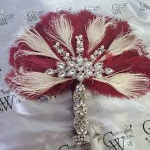 Load image into Gallery viewer, 16&quot; Feather Bridal brooch Bouquet Ostrich Big Feather Fan Bridal Bouquet Ivory Great Gatsby 1920&#39;s wedding Crystal wedding uk
