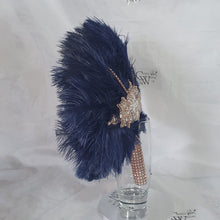 Load image into Gallery viewer, Wedding feather fan, Navy brides ostrich fan, wedding hand fan, Great Gatsby any colour as custom made by Crystal wedding uk
