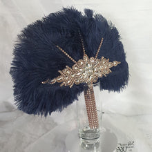 Load image into Gallery viewer, Wedding feather fan, Navy brides ostrich fan, wedding hand fan, Great Gatsby any colour as custom made by Crystal wedding uk
