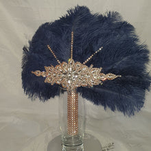 Load image into Gallery viewer, Wedding feather fan, Navy brides ostrich fan, wedding hand fan, Great Gatsby any colour as custom made by Crystal wedding uk

