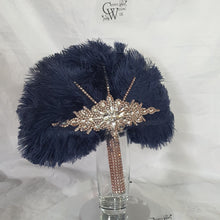 Load image into Gallery viewer, Wedding feather fan, Navy brides ostrich fan, wedding hand fan, Great Gatsby any colour as custom made by Crystal wedding uk
