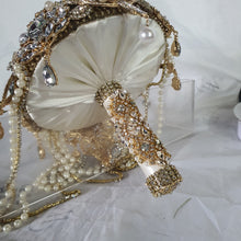Load image into Gallery viewer, Gold Brooch bouquet, Jewel crystal wedding bouquet. Crystal Bridal Brooch Bouquet, cascade Jewel bouquet by Crystal wedding uk
