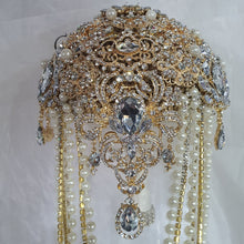 Load image into Gallery viewer, Gold Brooch bouquet, Jewel crystal wedding bouquet. Crystal Bridal Brooch Bouquet, cascade Jewel bouquet by Crystal wedding uk
