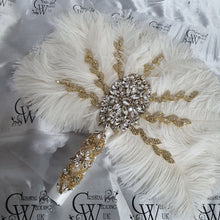 Load image into Gallery viewer, Ostrich Feather Fan bouquet with Genuine crystal detail- alternative Bouquet Great Gatsby wedding style, Artificial wedding bouquet
