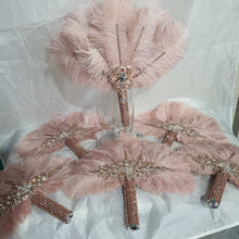 Load image into Gallery viewer, Set of blush pink 6 Feather Fan bouquets, Ostrich feathers, wedding style 1920's - any colour as custom made by Crystal wedding uk
