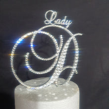 Load image into Gallery viewer, Swarovski Crystal Letter 6&quot;monogram initial, with smaller name/word, rhinestone Cake Topper, birthday Quincinera topper,jewel letter,
