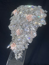 Load image into Gallery viewer, Diamante bouquet, rose &amp; brooch Jewel rhinestone crystal wedding bouquet Crystal Bridal Bouquet, rose cascade bouquet Crystal wedding uk
