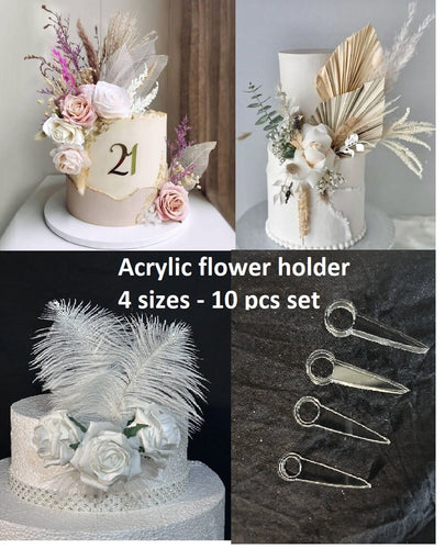 10pc Cake flower HOLDER, heavy-duty acrylic design, Cake topper tool decoration by Crystal Wedding UK