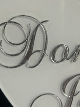 Load image into Gallery viewer, Heart Cake Topper, Wedding Cake Topper, White Acrylic Cake Topper with Personalised Names, Etched Engraved Heart Cake Topper
