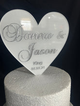 Load image into Gallery viewer, Heart Cake Topper, Wedding Cake Topper, White Acrylic Cake Topper with Personalised Names, Etched Engraved Heart Cake Topper
