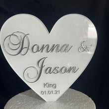 Load image into Gallery viewer, Heart Cake Topper, Wedding Cake Topper, White Acrylic Cake Topper with Personalised Names, Etched Engraved Heart Cake Topper
