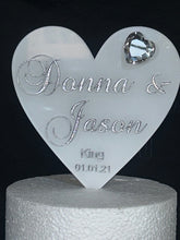 Load image into Gallery viewer, Heart Cake Topper, Wedding Cake Topper, White Acrylic Cake Topper with Personalised Names, Etched Engraved Heart Cake Topper
