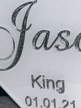 Load image into Gallery viewer, Heart Cake Topper, Wedding Cake Topper, White Acrylic Cake Topper with Personalised Names, Etched Engraved Heart Cake Topper

