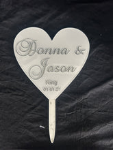 Load image into Gallery viewer, Heart Cake Topper, Wedding Cake Topper, White Acrylic Cake Topper with Personalised Names, Etched Engraved Heart Cake Topper
